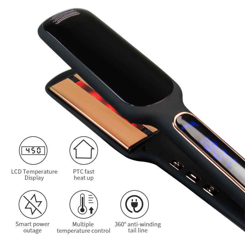 Cross-Border Exclusively For Lcd Display Infrared Hair Care Straightener Black Wide Plate Hair Straightener